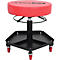 Tabouret d'atelier rond rouge avec cadre noir, roulant et avec rangement.